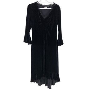 Vintage CDC Y2K Midi Dress Black Velvet Lace Goth Whimsigoth Fairy Bell Sleeve 8